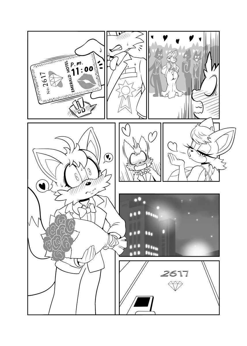 age_difference alternate_hairstyle anthro bat black_and_white canid canine duo female flower fox hi_res hotel kiss_mark male male/female mammal michiyoshi miles_prower monochrome older_female plant propositioning romantic rouge_the_bat sega sonic_the_hedgehog_(series) younger_male