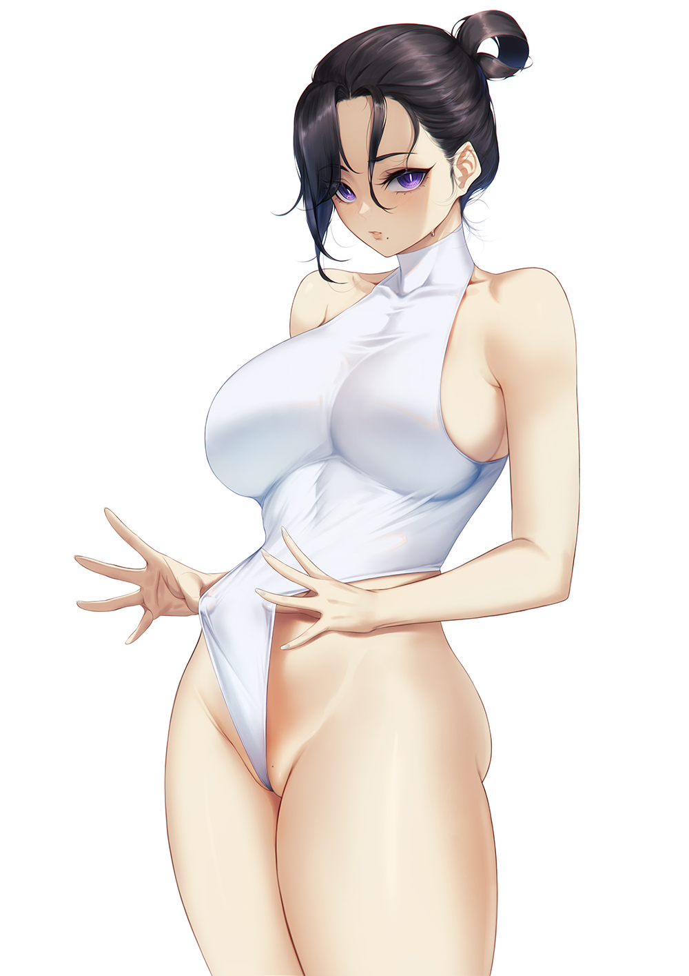 1girl black_hair blueorca breasts character_request clothes_pull highres large_breasts looking_at_viewer mole mole_on_pussy mole_under_mouth one-piece_swimsuit ponytail purple_eyes simple_background solo swimsuit thighs turtleneck white_background white_one-piece_swimsuit white_swimsuit