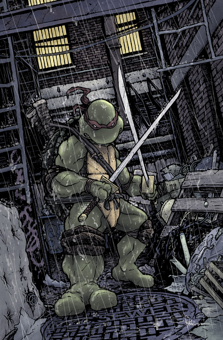 1boy david_petersen dual_wielding english_commentary full_body holding holding_sword holding_weapon katana leonardo_(tmnt) looking_at_viewer male_focus manhole_cover mask ninja official_art rain red_mask sword teenage_mutant_ninja_turtles teenage_mutant_ninja_turtles_(idw) turtle_boy weapon western_comics_(style)