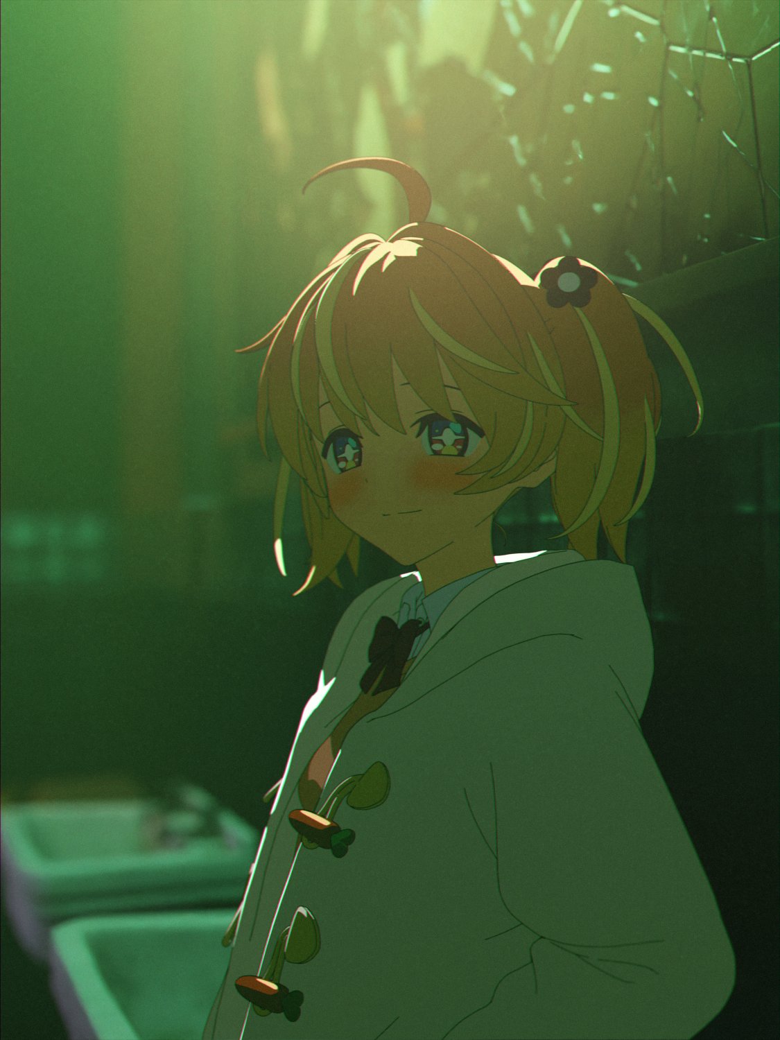 +_+ 1girl 3d against_wall ahoge bathroom blender_(medium) blonde_hair blurry blush bow bowtie bright_pupils carrot closed_mouth collared_shirt depth_of_field flower green_theme hair_flower hair_ornament highres hood hood_down hoodie indoors light_smile long_sleeves looking_at_viewer medium_hair multicolored_eyes multicolored_hair open_clothes open_hoodie orange_hair pink_eyes purple_eyes red_bow red_bowtie rinne_(rinrinne) rinrinne rinrinne39_(artist) school_uniform shirt sink solo split_mouth standing streaked_hair two_side_up upper_body virtual_youtuber wall white_hoodie white_pupils white_shirt