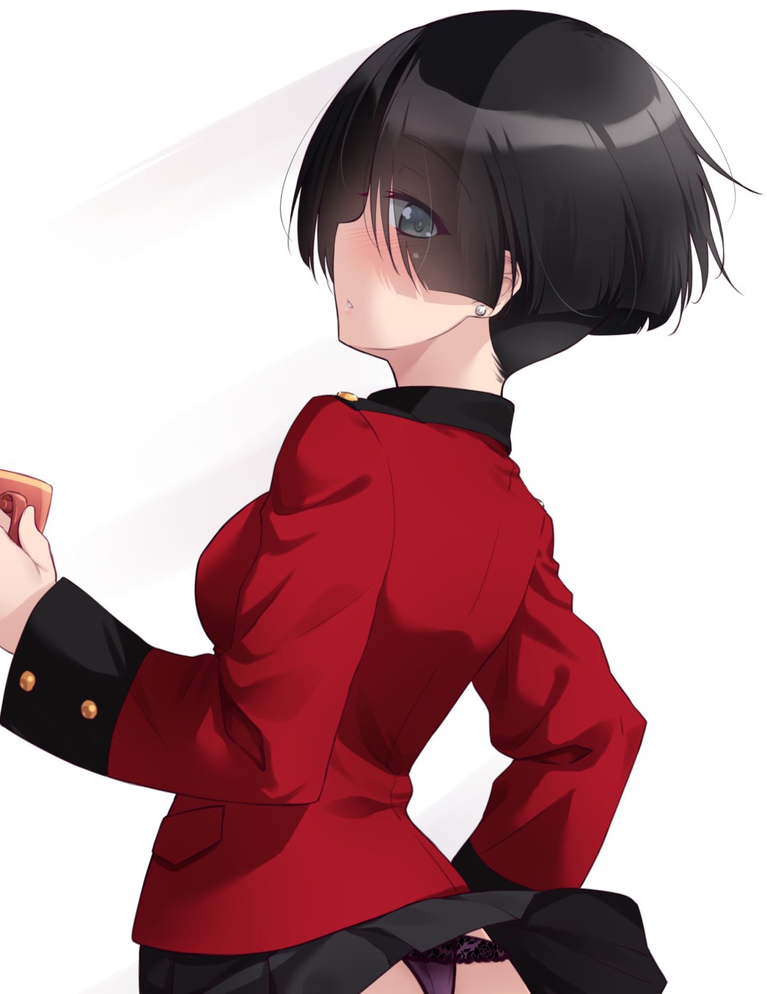 1girl black_hair blush breasts cup earrings extra girls_und_panzer green_eyes highres holding holding_cup jewelry kuzuryuu_kennosuke large_breasts lingerie looking_at_viewer military_uniform miniskirt panties purple_panties short_hair simple_background skirt solo st._gloriana's_military_uniform teacup underwear uniform white_background