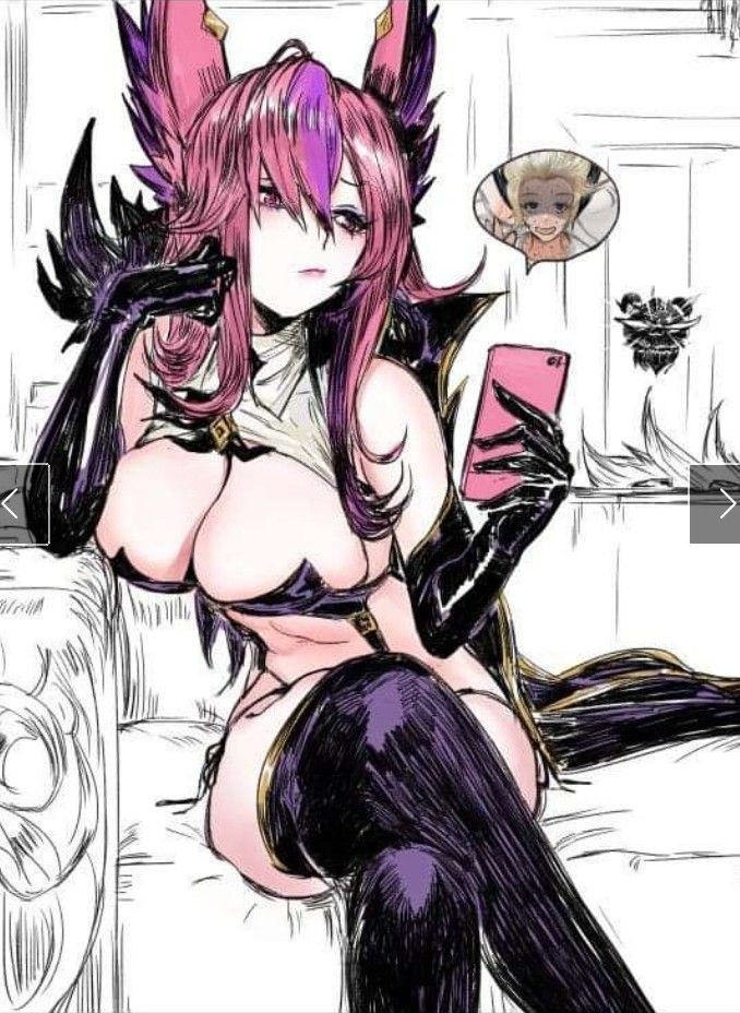 animal_ears black_gloves breasts cellphone gloves large_breasts league_of_legends long_hair midriff multicolored_hair pd_(pdpdlv1) phone pink_hair pointy_ears thighhighs