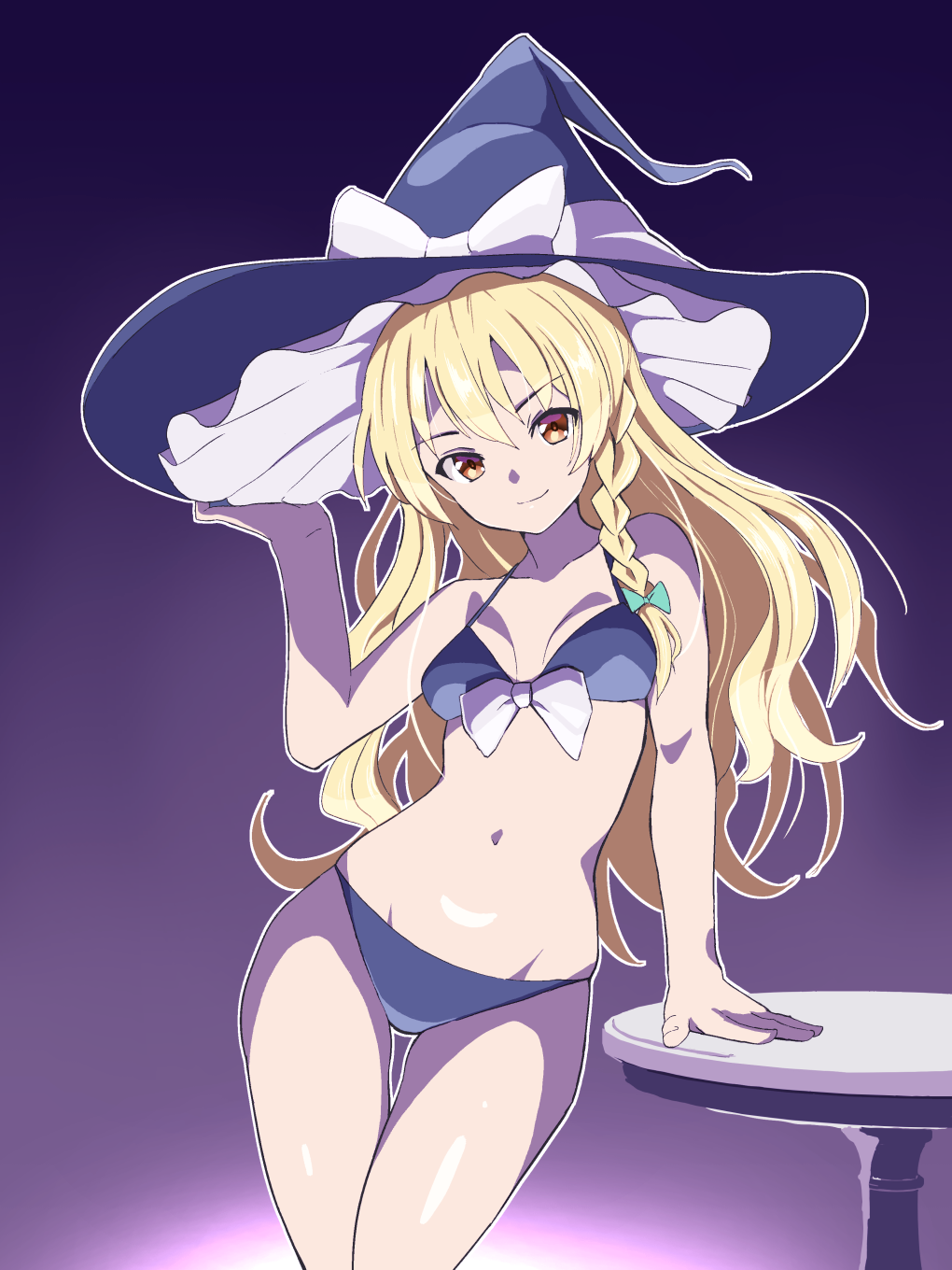 1girl arm_support bare_arms bare_shoulders bikini black_bikini black_headwear blonde_hair bow braid breasts closed_mouth commentary cowboy_shot curvy floating_hair green_bow groin hair_between_eyes hair_bow halterneck hand_on_headwear hand_up hat highres kirisame_marisa long_hair looking_at_viewer medium_breasts navel noyama_takenoko orange_eyes purple_background shiny_skin simple_background single_braid smile solo standing stomach swimsuit thigh_gap thighs touhou very_long_hair witch_hat