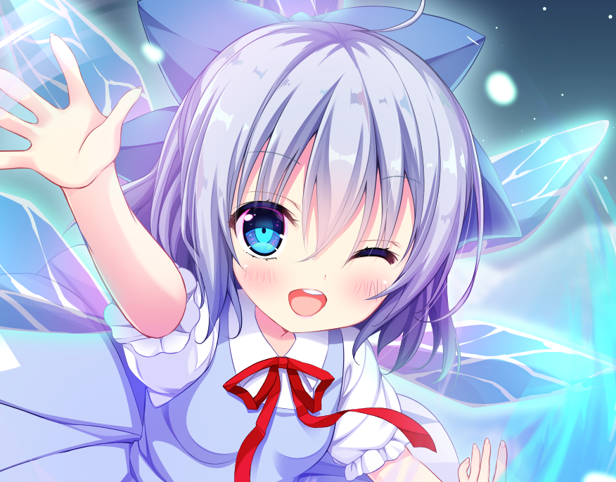 1girl ahoge album_cover arm_up blue_background blue_bow blue_dress blue_eyes blue_hair blush blush_stickers bow bowtie cirno cover dress eyelashes fairy fairy_wings frilled_sleeves frills hair_bow ice ice_wings official_art one_eye_closed open_mouth outstretched_arm puffy_short_sleeves puffy_sleeves red_bow red_bowtie shirt shiwasu_horio short_hair short_sleeves smile snowing teeth touhou touhou_cannonball upper_body upper_teeth_only white_shirt wings