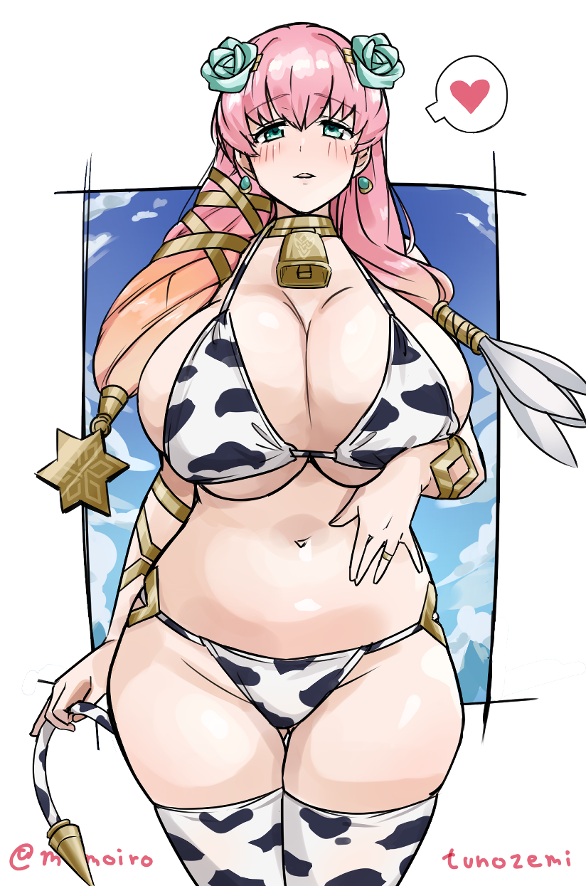 1girl alternate_costume animal_print artist_name bell bikini blonde_hair blue_flower blue_rose blush breasts cleavage commentary_request commission cow_print cow_tail earrings fake_tail fire_emblem fire_emblem_heroes flower gradient_hair gunnthra_(fire_emblem) hair_flower hair_ornament heart highres huge_breasts jewelry looking_at_viewer momoiro_tunozemi multicolored_hair navel neck_bell pink_hair rose skeb_commission solo stomach swimsuit tail thighhighs thighs twitter_username two-tone_hair