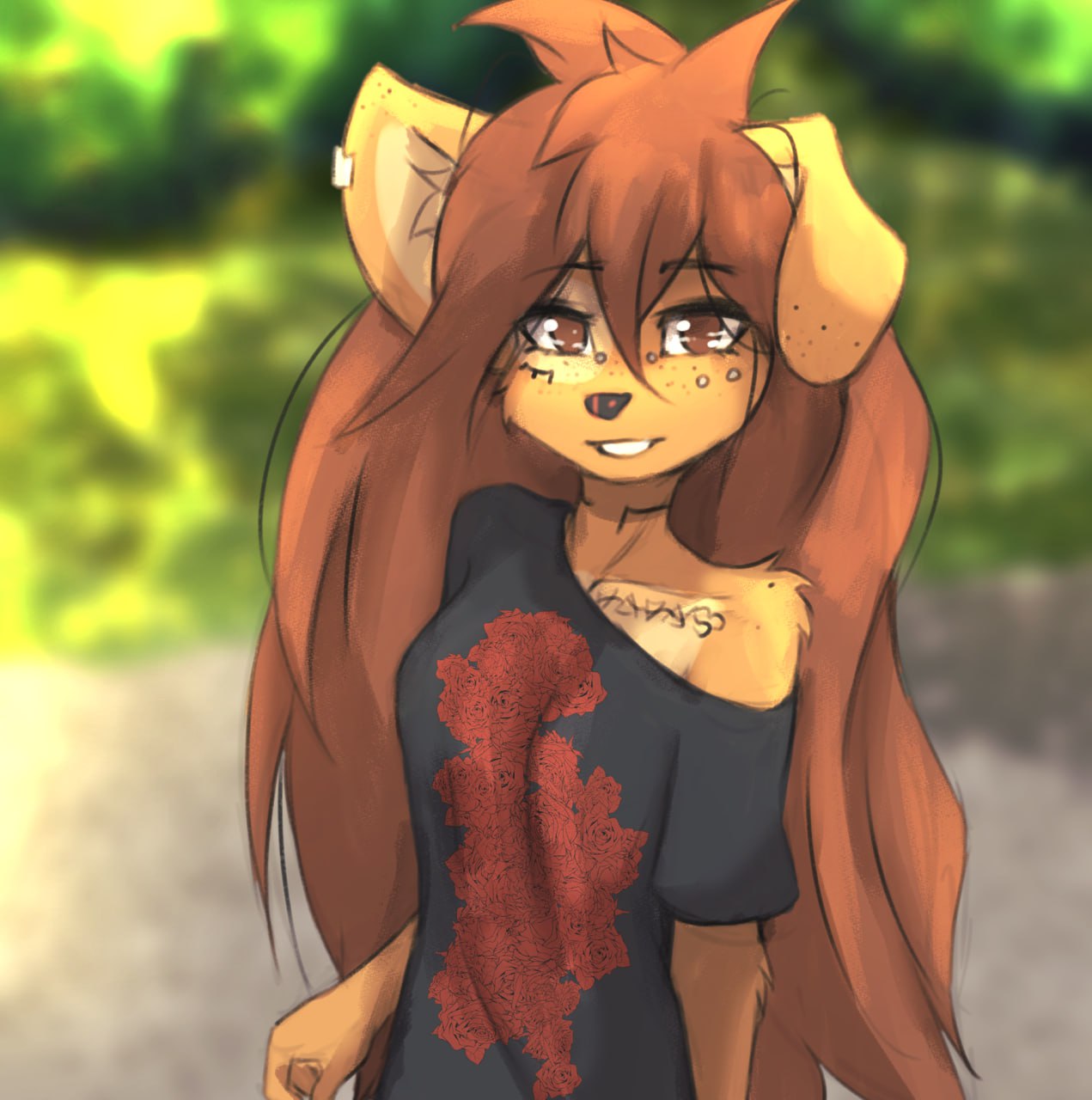 2023 anthro apogee_(tinygaypirate) breasts canid canine canis clothed clothing digital_media_(artwork) domestic_dog female female_anthro floppy_ears fur hair hi_res kemono long_hair looking_at_viewer mammal piercing small_breasts solo spitz tattoo tinygaypirate