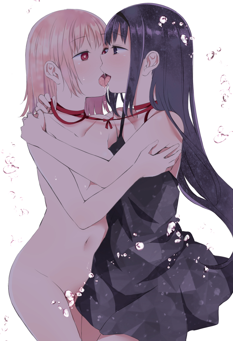 2girls akemi_homura black_dress black_hair breasts bubble clothed_female_nude_female collarbone completely_nude convenient_censoring dress french_kiss hair_down hairband hug kaname_madoka kiss long_hair looking_at_another mahou_shoujo_madoka_magica multiple_girls nude open_mouth pink_hair purple_eyes red_eyes ribbon saliva saliva_trail shichouson short_hair sidelocks simple_background small_breasts smile tongue tongue_out yuri
