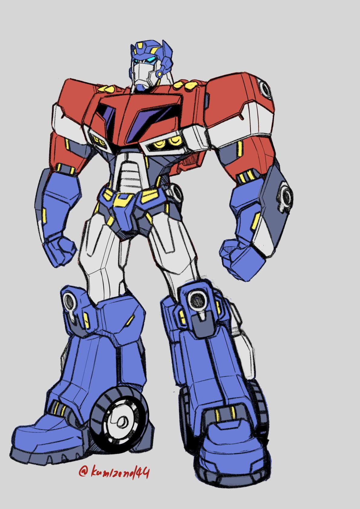 autobot blue_eyes clenched_hands full_body grey_background highres kamizono_(spookyhouse) mecha no_humans optimus_prime robot science simple_background solo transformers transformers_animated twitter_username