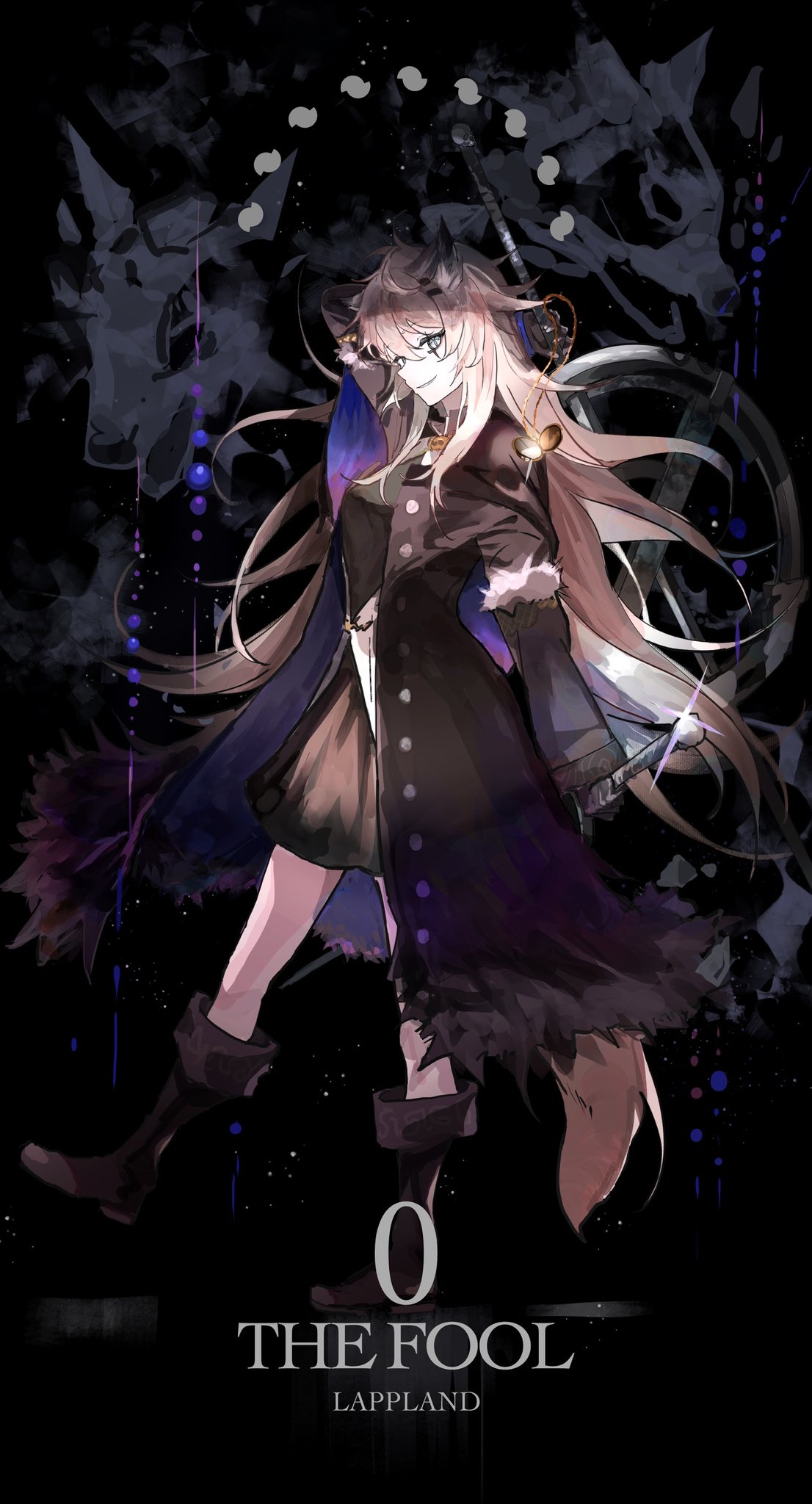 1girl animal_ears arknights arm_up black_coat black_footwear black_skirt blue_eyes boots coat commentary english_commentary english_text fur-trimmed_coat fur_trim grey_hair highres holding holding_sword holding_weapon kasumi_yuzuha lappland_(arknights) lappland_(refined_horrormare)_(arknights) lens_flare long_hair long_sleeves scar scar_across_eye shirt simple_background skirt solo sword tail tarot weapon white_shirt wolf wolf_ears wolf_girl wolf_tail