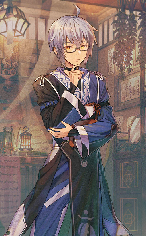1boy ahoge black_sleeves black_tabard blue_kimono chin closed_mouth finger_to_own_chin fingernails glasses grey-framed_eyewear hand_on_own_arm indoors japanese_clothes kimono kourindou layered_sleeves long_sleeves looking_at_viewer morichika_rinnosuke moryo official_art shop short_hair sleeve_garter tabard third-party_source touhou touhou_cannonball white_hair wide_sleeves yellow_eyes