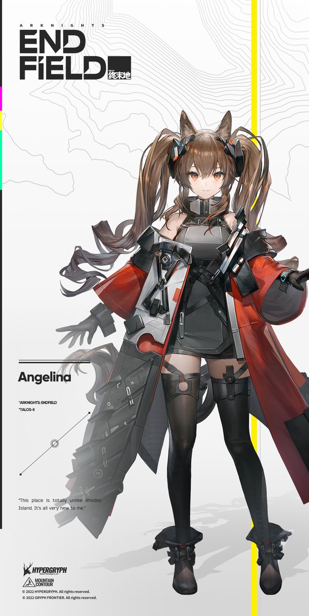 1girl angelina_(arknights) animal_ears arknights arknights:_endfield bare_shoulders black_footwear black_gloves black_thighhighs boots brown_eyes brown_hair coat commentary dress fox_ears gloves grey_dress grin long_hair long_sleeves looking_at_viewer off_shoulder official_art open_clothes open_coat parted_lips red_coat short_dress smile solo thighhighs twintails very_long_hair