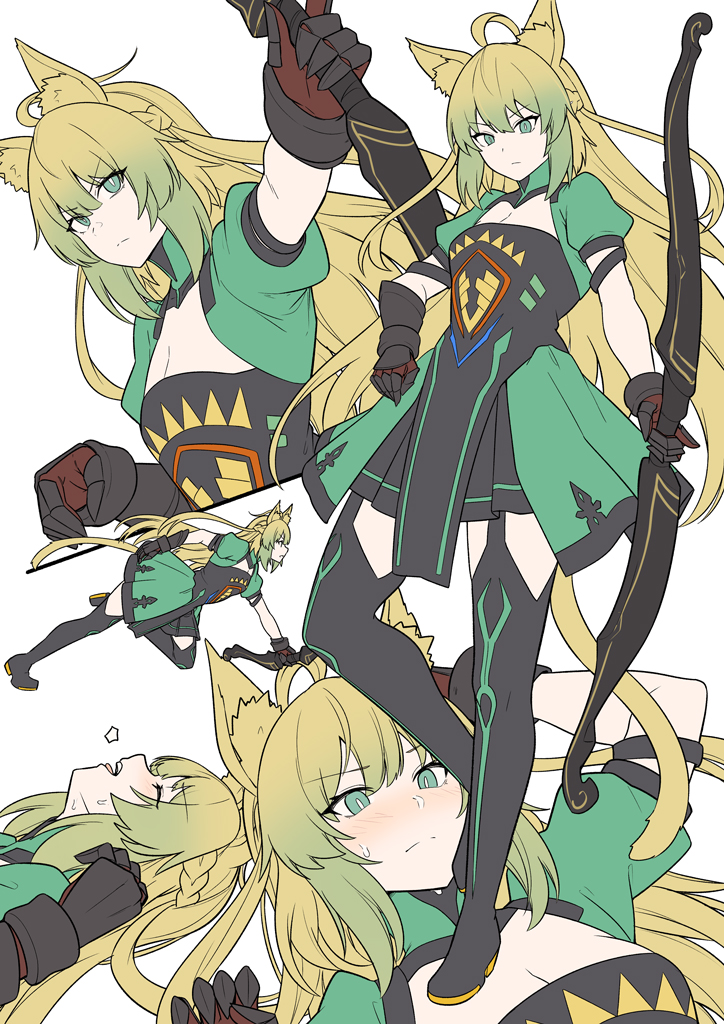 1girl animal_ears atalanta_(fate) black_gloves black_skirt black_thighhighs blonde_hair blush bow_(weapon) braid breasts cat_ears cat_tail cleavage closed_eyes dress fate/apocrypha fate_(series) french_braid full_body gloves gradient_hair green_dress green_eyes green_hair layered_skirt long_hair looking_at_viewer lying medium_breasts multicolored_hair multiple_views on_back open_mouth puffy_short_sleeves puffy_sleeves running shiseki_hirame short_sleeves skirt tail thighhighs weapon