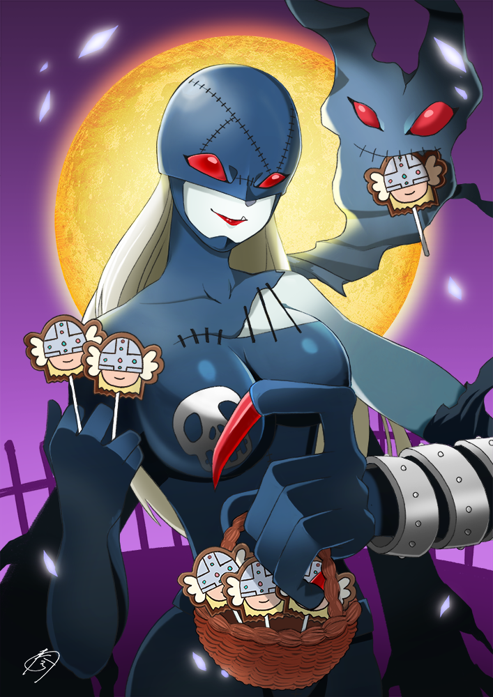 1girl armlet asymmetrical_clothes basket black_bodysuit blonde_hair bodysuit breasts candy closed_mouth commentary commentary_request digimon digimon_(creature) fang food full_moon ghost holding holding_basket holding_candy holding_food kasuga_(24628) ladydevimon large_breasts leather_suit light_particles long_hair moon red_eyes red_lips red_nails simple_background skull_print stitches torn_wings wings yellow_moon
