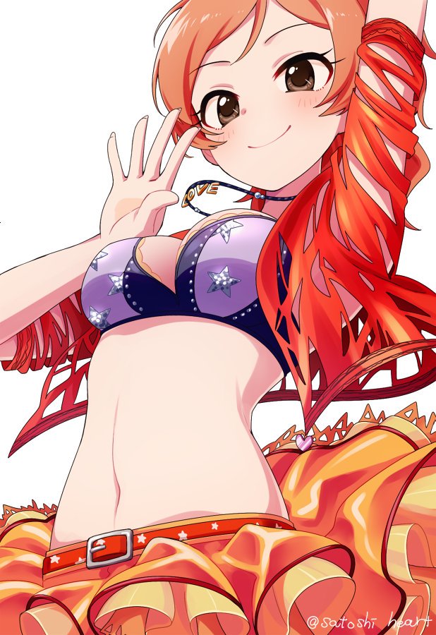 1girl arm_up belt bikini bikini_top_only blush breasts brown_eyes brown_hair closed_mouth cowboy_shot crop_top cropped_jacket hand_up heart idolmaster idolmaster_cinderella_girls idolmaster_cinderella_girls_starlight_stage jacket jewelry komatsu_ibuki large_breasts layered_skirt looking_at_another midriff navel necklace open_clothes open_hand open_jacket orange_belt orange_hair orange_skirt print_belt print_bikini purple_bikini red_jacket satoshiheart short_sleeves simple_background skirt smile solo standing star_(symbol) star_print swimsuit torn_jacket twintails twitter_username white_background
