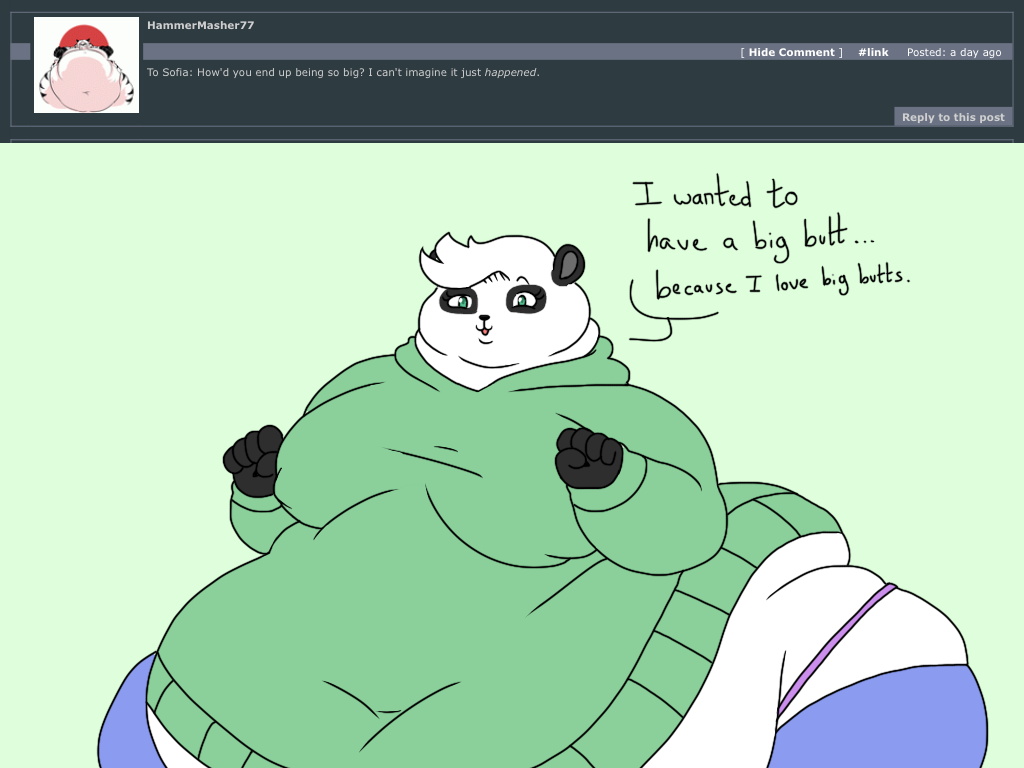 2018 4:3 5_fingers anthro ask_blog batspid2 bear big_breasts biped black_body black_fur blue_clothing bottomwear breasts clothing dialogue digital_drawing_(artwork) digital_media_(artwork) double_chin english_text eyebrows eyelashes female fingers flat_colors fur giant_panda green_background green_clothing green_eyes hair hoodie huge_belly love_handles mammal morbidly_obese morbidly_obese_anthro morbidly_obese_female multicolored_body navel nipple_outline obese obese_anthro obese_female overweight overweight_anthro overweight_female panties pink_clothing simple_background sofia_(batspid2) solo text tight_clothing topwear two_tone_body underwear white_body white_fur white_hair