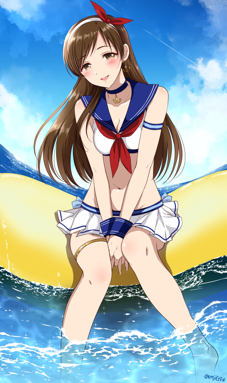 1girl anchor_earrings anchor_necklace armband arms_between_legs bare_shoulders barefoot bikini bikini_skirt black_choker blue_armband blue_sailor_collar blue_sky blue_wrist_cuffs blush breasts brown_eyes brown_hair choker cleavage cloud collarbone contrail day earrings fisheye gen_(enji) hairband highres horizon idolmaster idolmaster_cinderella_girls idolmaster_cinderella_girls_starlight_stage inflatable_raft jewelry long_hair looking_at_viewer medium_breasts navel neckerchief necklace nitta_minami open_mouth outdoors partially_submerged pleated_skirt red_neckerchief sailor_collar sitting skirt sky smile solo swimsuit thigh_strap twitter_username two-tone_hairband water white_bikini white_skirt