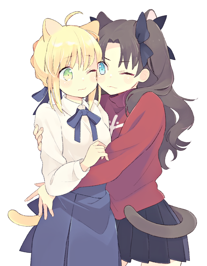 2girls 87banana ahoge animal_ears artoria_pendragon_(fate) black_bow black_skirt blonde_hair blouse blue_bow blue_dress blue_eyes bow braid brown_hair cat_ears cat_tail dress fate/stay_night fate_(series) french_braid green_eyes hair_bow hug long_hair multiple_girls pleated_skirt red_shirt saber shirt skirt tail tohsaka_rin white_shirt