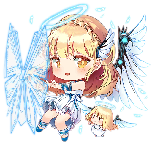 2girls :d arm_ribbon barrier_fairy_(girls'_frontline) blonde_hair blue_choker blue_footwear blue_halo blue_ribbon blush blush_stickers braid chibi choker closed_mouth crown_braid dress energy_barrier energy_shield fairy_(girls'_frontline) feathers frilled_dress frilled_ribbon frills full_body girls'_frontline glowing_feather halo head_wings long_hair looking_at_viewer mechanical_wings multiple_girls official_art open_mouth ribbon saru simple_background single_head_wing sleeveless sleeveless_dress smile third-party_source transparent_background waist_ribbon white_dress white_feathers wings yellow_eyes |_|