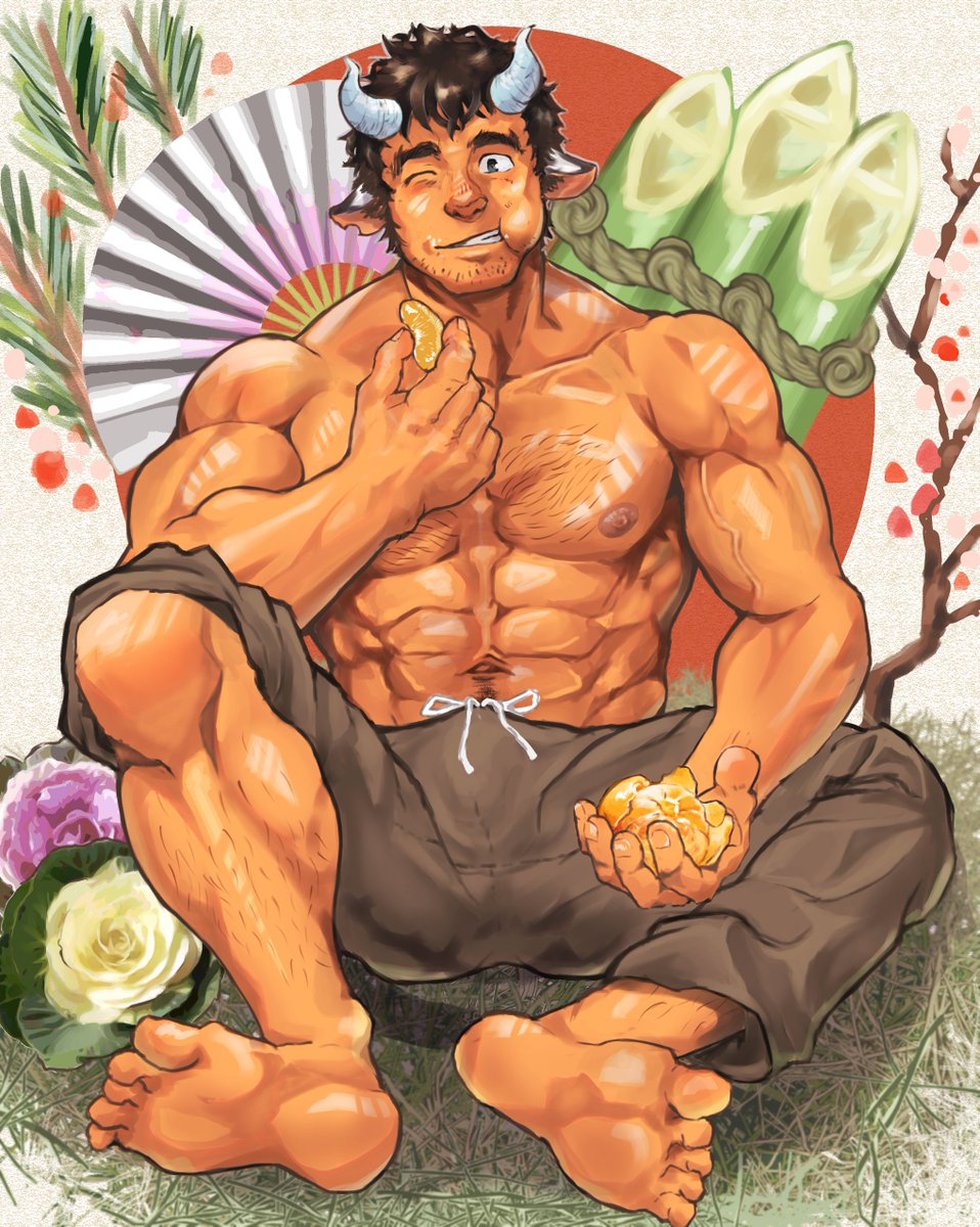 1boy abs animal_ears bamboo_shoot bara brown_hair bulge chest_hair chinese_zodiac cow_boy cow_ears cow_horns dark-skinned_male dark_skin eating facial_hair flower food fruit hand_fan highres holding holding_food horns male_focus mandarin_orange mature_male muscular muscular_male navel navel_hair nipples one_eye_closed orange_(fruit) orange_peel original pants paper_fan pectoral_cleavage pectorals pink_flower short_hair sideburns sitting solo stubble suamaru thick_eyebrows topless_male veins white_flower year_of_the_ox