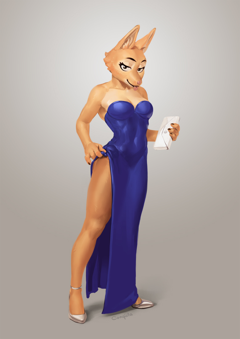 2023 4_fingers ankle_strap_heels anthro artist_name biped blue_clothing breasts canid canine cleavage clothed clothing clothing_lift conqista diane_foxington digital_media_(artwork) dreamworks dress dress_lift evening_gown eyebrow_piercing eyebrows eyelashes facial_piercing female fingers fox front_view full-length_portrait fur grey_background inner_ear_fluff looking_at_viewer mammal medium_breasts no_underwear orange_body orange_fur partially_clothed piercing pink_nose pink_tongue portrait shaded simple_background slit_dress soft_shading solo standing strapless_clothing strapless_dress teasing the_bad_guys thick_thighs tongue tongue_out tuft