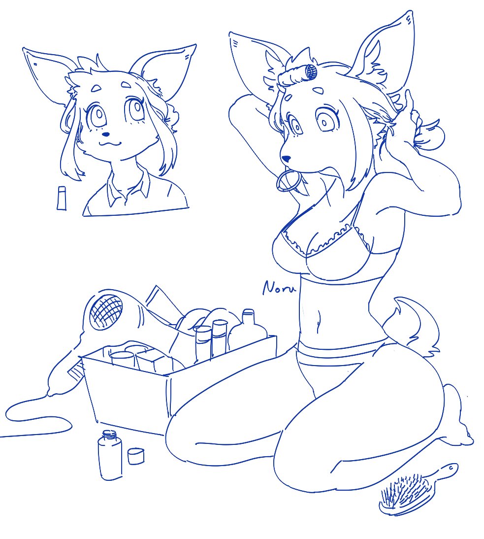 accessory anthro bra brush capreoline clothed clothing cosmetics deer dryer female hair hair_accessory hair_dryer hair_tie hairband kneeling line_art mammal noruru3737 panties roe_deer simple_background sitting solo tied_hair underwear underwear_only white_background