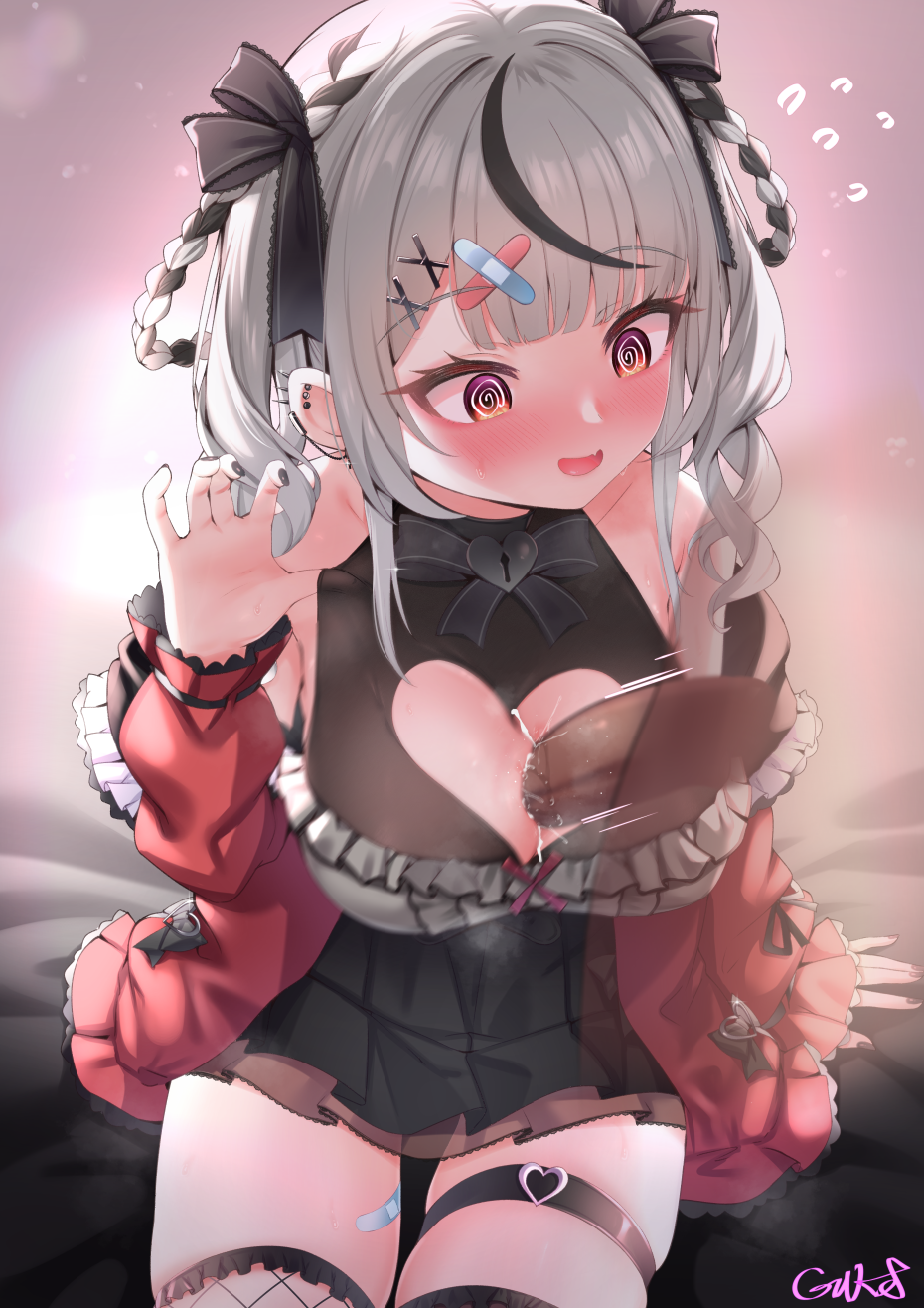 1girl @_@ black_bow black_coat black_dress black_nails black_thighhighs blush bow breasts cleavage cleavage_cutout clothing_cutout coat dress drill_hair ear_piercing fishnet_thighhighs fishnets frilled_dress frills gmkj hair_bow hair_ornament heart_cutout heart_o-ring highres hololive large_breasts medium_hair nail_polish o-ring o-ring_thigh_strap official_alternate_costume open_mouth paizuri penis piercing red_coat red_eyes sakamata_chloe sakamata_chloe_(3rd_costume) sleeveless sleeveless_dress thigh_strap thighhighs twin_drills two-sided_coat two-sided_fabric uncensored virtual_youtuber x_hair_ornament