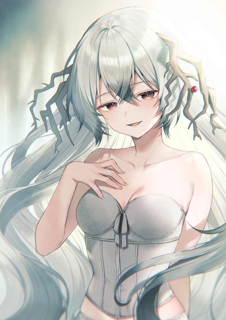 1girl antlers bare_arms bare_shoulders blurry blurry_background bodice brown_eyes collarbone commentary depth_of_field grey_hair hair_between_eyes half-closed_eyes hand_up long_hair looking_at_viewer midorikawa_you original parted_lips smile solo symbol-only_commentary upper_body very_long_hair