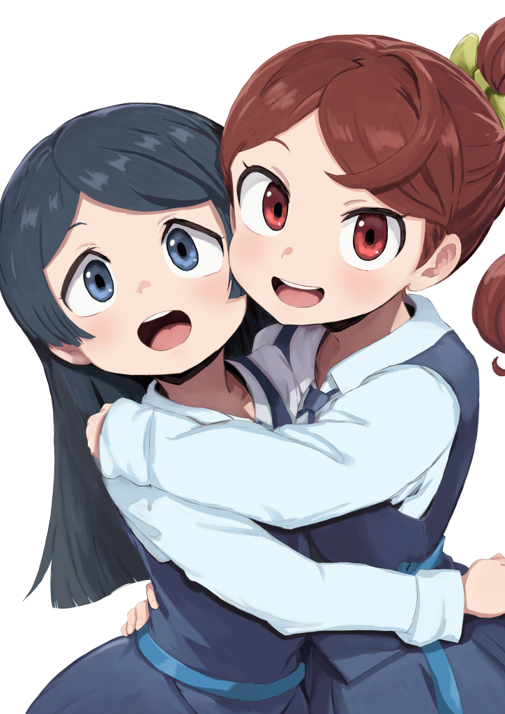 2girls barbara_parker black_eyes black_hair blue_skirt blue_vest brown_eyes brown_hair collared_shirt domdom hanna_england hug little_witch_academia long_hair luna_nova_school_uniform multiple_girls open_mouth ponytail school_uniform shirt simple_background skirt vest white_background white_shirt