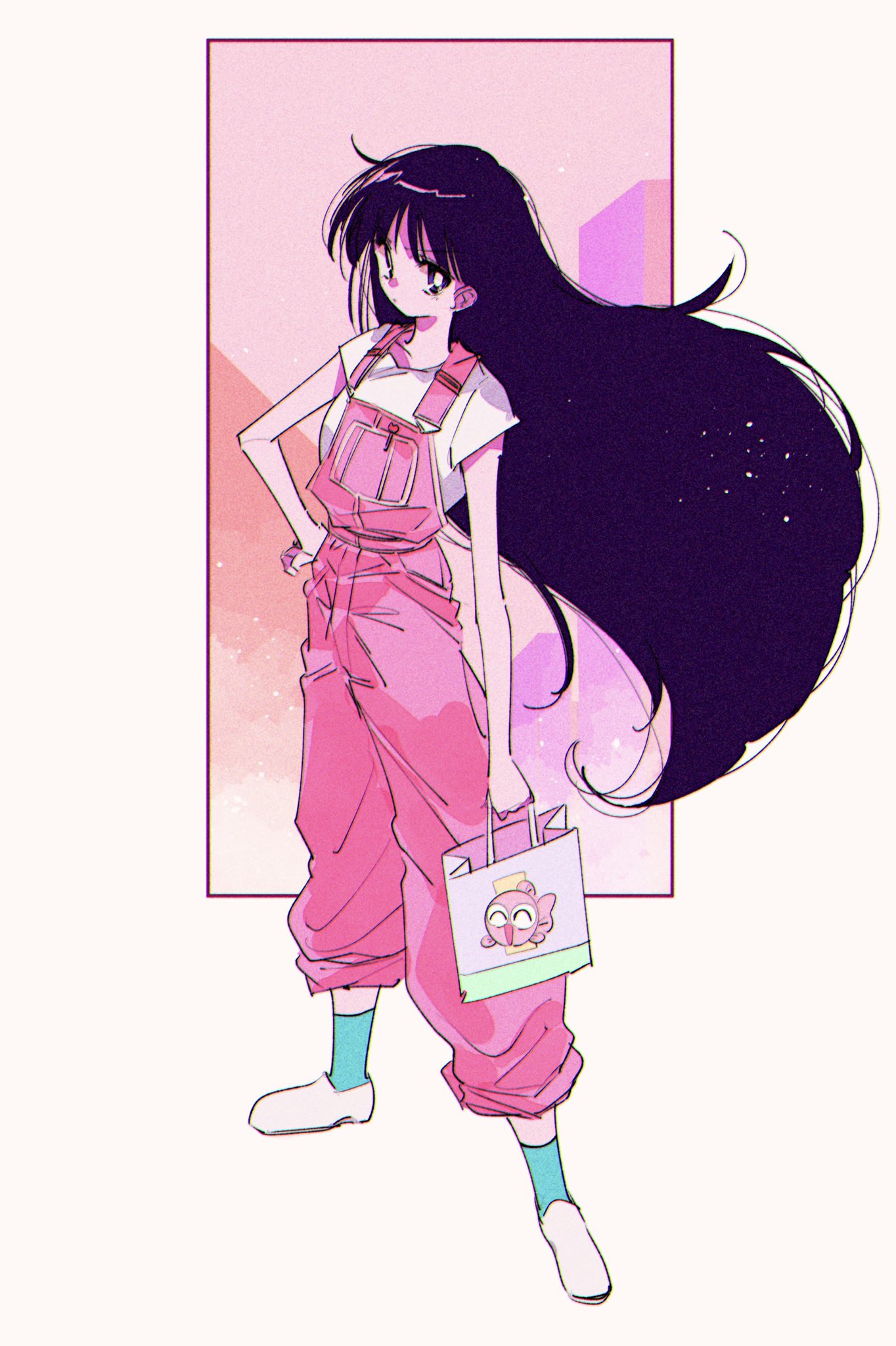 1girl animal_print aqua_socks bag bishoujo_senshi_sailor_moon black_hair border fish_print floating_hair full_body hand_on_own_hip highres hino_rei holding holding_bag long_hair looking_at_viewer outside_border overalls pochi_(askas_is_god) shirt shopping_bag short_sleeves socks solo white_border white_footwear white_shirt