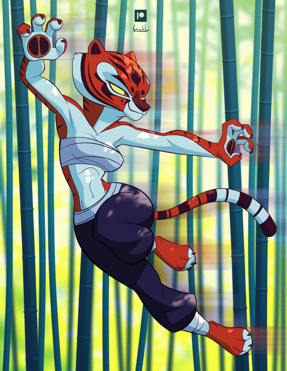 anthro bamboo birchly clothing crop_top dreamworks felid feline female hi_res kung_fu_panda mammal master_tigress pantherine shirt solo tiger topwear training training_bra