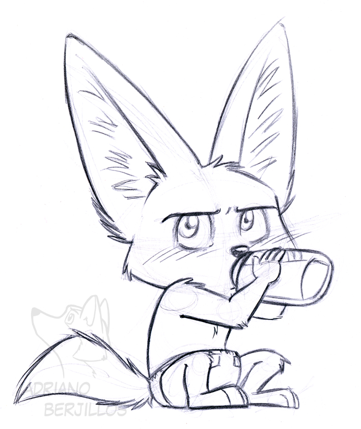 anthro baby_bottle barefoot black_and_white blush canid canine clothed clothing corgi_(artist) diaper diaper_only disney drinking feet fennec finnick_(zootopia) fox glistening glistening_eyes holding_baby_bottle holding_object male mammal monochrome signature simple_background solo topless white_background zootopia