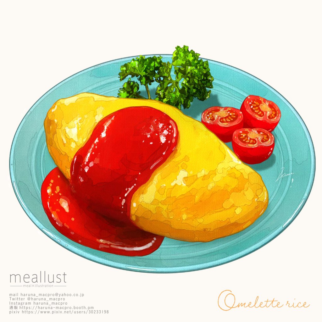 artist_name english_text food food_focus haruna_macpro ketchup no_humans omelet omurice original parsley plate simple_background tomato