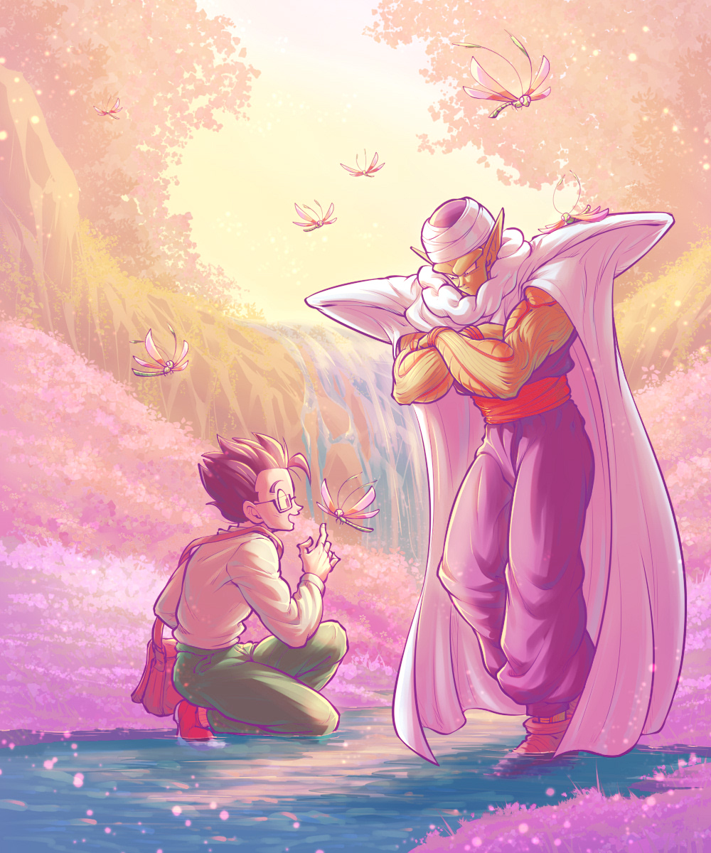 2boys :d bag biceps black_hair boots brown_bag brown_footwear bug cape closed_mouth colored_skin commentary_request crossed_arms day dougi dragon_ball dragon_ball_super dragonfly frown glasses grass green_pants green_skin highres kneeling koukyouji long_sleeves looking_at_another male_focus multiple_boys muscular muscular_male namekian open_mouth outdoors pants piccolo pointy_ears profile rectangular_eyewear red_footwear red_sash sash satchel semi-rimless_eyewear serious shirt shoes shoulder_bag shoulder_pads sky smile son_gohan standing tree turban under-rim_eyewear v-shaped_eyebrows water waterfall white_cape white_shirt