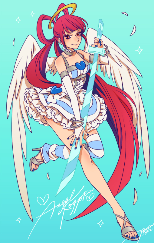 1girl asymmetrical_legwear blue_background blue_nails choker corset cosplay dress feathered_wings frilled_dress frills hair_ornament halo holding holding_weapon long_hair magi_the_labyrinth_of_magic midriff nail_polish panty_&amp;_stocking_with_garterbelt red_eyes red_hair ren_kougyoku sandals signature smile solo stocking_(psg) stocking_(psg)_(cosplay) striped sword temari114 thighhighs toenail_polish toenails weapon wings