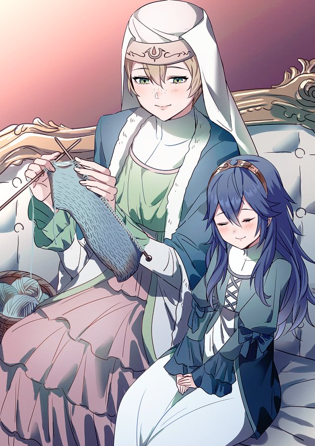 2girls aged_down ameno_(a_meno0) basket blonde_hair blue_hair closed_eyes couch dress fire_emblem fire_emblem_awakening freckles green_eyes hair_between_eyes indoors knitting long_sleeves lucina_(fire_emblem) mother_and_daughter multiple_girls on_couch short_hair sitting sleeping tiara yarn yarn_ball