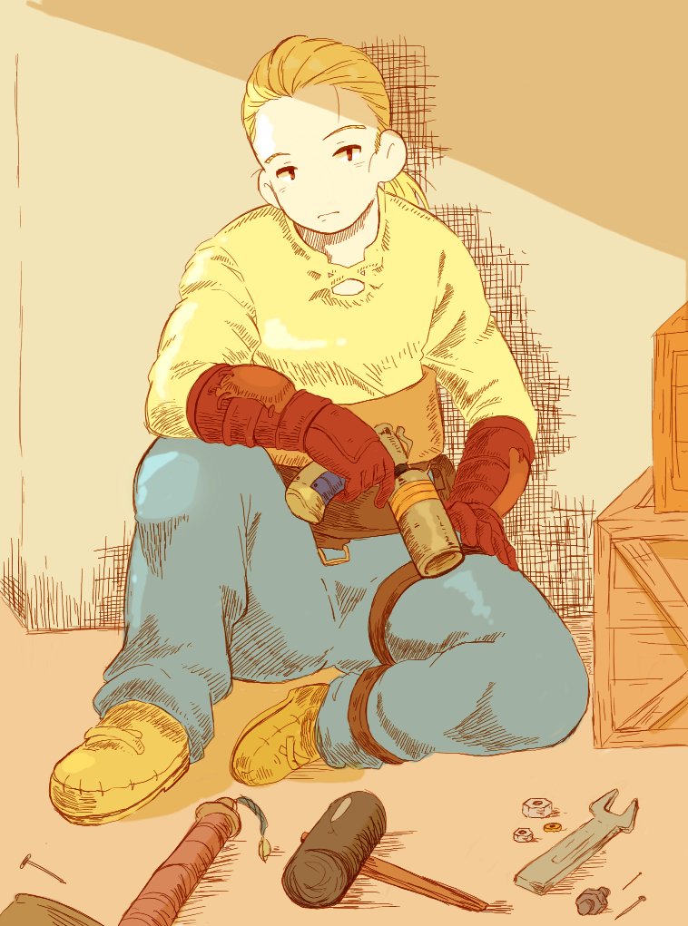 1boy belt blonde_hair blue_pants bolt box brown_footwear final_fantasy final_fantasy_tactics full_body gloves gun hammer holding holding_weapon male_focus mustadio_bunansa nail nut_(hardware) pants ponytail shadow shirt sitting solo tools trpy_tc weapon wrench yellow_shirt