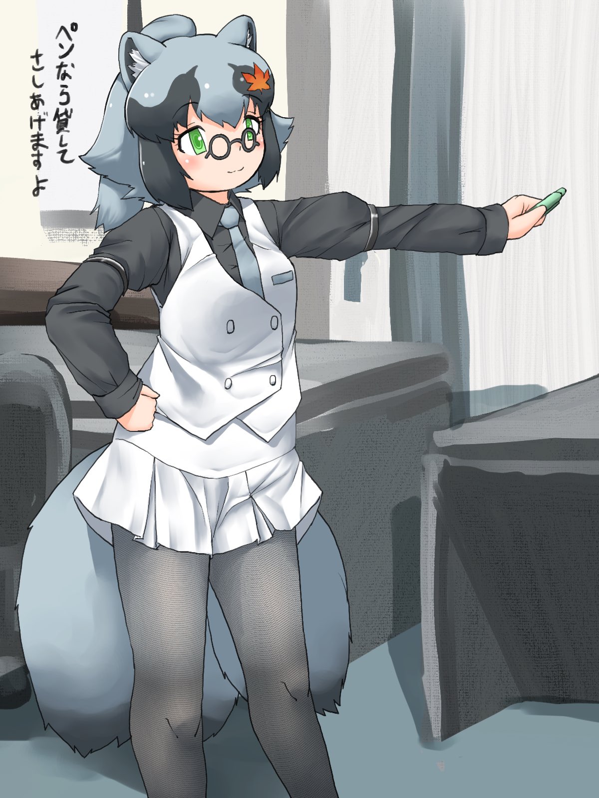 1girl animal_ears chalk collared_shirt commentary_request danzaburou-danuki_(kemono_friends) glasses green_eyes grey_hair grey_necktie grey_pantyhose grey_shirt hair_between_eyes highres kemono_friends leaf long_sleeves maple_leaf multicolored_hair necktie pantyhose pleated_skirt raccoon_ears raccoon_girl raccoon_tail shirt short_hair sidelocks skirt solo tail translation_request two-tone_hair uf34a vest white_skirt white_vest