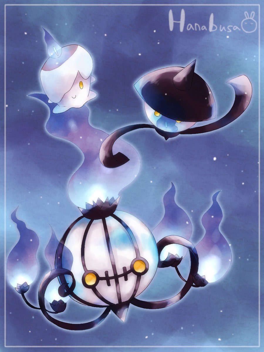 animal_focus artist_name border chandelure evolutionary_line fire floating ghost hanabusaoekaki highres lampent litwick night night_sky no_humans pokemon pokemon_(creature) sky smile star_(sky) white_border yellow_eyes