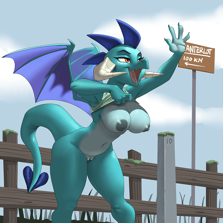 1:1 anthro blue_body blue_scales breasts clothed clothing clothing_lift dragon exhibitionism exposed_breasts female friendship_is_magic genitals gesture hasbro hitchhiking horn kevinsano my_little_pony navel nipples princess_ember_(mlp) pussy scales shirt shirt_lift solo topwear waving wings