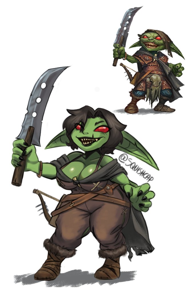 big_breasts big_ears black_nails bottomwear bow_(weapon) bracelet breasts brown_bottomwear brown_clothing brown_footwear brown_pants brown_shoes brown_topwear cape cleavage clothed clothing colored_nails eyelashes female footwear goblin green_body green_skin grey_hair hair holding_object holding_sword holding_weapon humanoid humanoid_pointy_ears jewelry melee_weapon nails paizo pants pathfinder ranged_weapon red_eyes scar sharp_teeth shoes simple_background smile solo squishcap sword teeth topwear weapon white_background