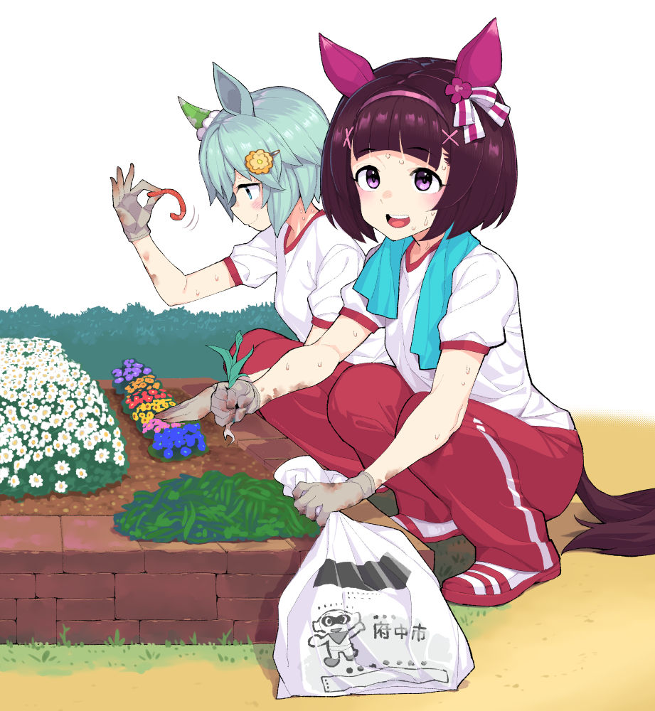 2girls animal_ears aqua_hair bag blue_eyes brown_hair closed_mouth ear_covers earthworm flower gardening gloves grey_gloves hair_ornament hairband holding holding_bag horse_ears horse_girl horse_tail long_hair looking_at_viewer motion_lines multiple_girls nishino_flower_(umamusume) open_mouth pants plastic_bag purple_eyes red_pants seiun_sky_(umamusume) shirt shoes short_hair short_sleeves smile sneakers squatting sweat tail towel towel_around_neck umaguti umamusume white_shirt worm x_hair_ornament