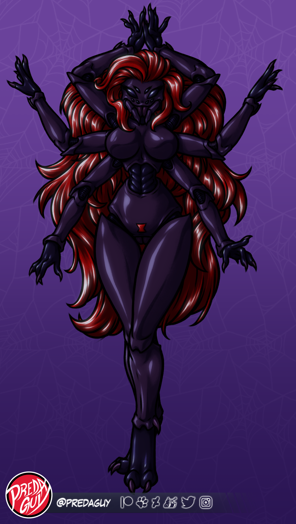 adoptable anthro arachnid araneomorph arthropod big_hair black_widow_spider bodysuit boots clothing crotchless_clothing footwear furgonomics hair hi_res male multi_limb predaguy red_hair shaped_pubes skinsuit solo spider tall_boots theridiid tight_clothing widow_spider