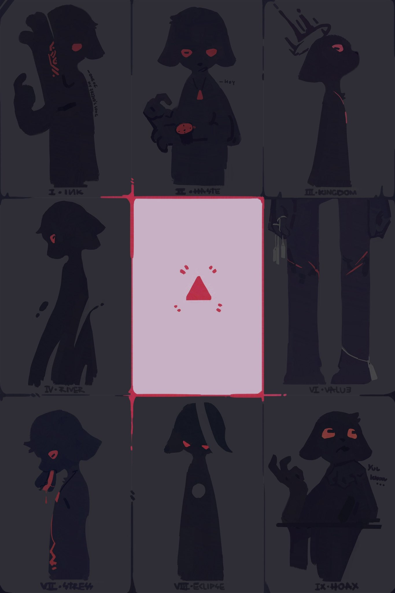 ambiguous_gender anthro burger carbonizedaki clock crown dog_tags ears_back empty_eyes food food_in_mouth front_view headgear hi_res jewelry multiple_images necklace pivoted_ears red_eyes restricted_palette side_view silhouette simple_background solo watch wristwatch