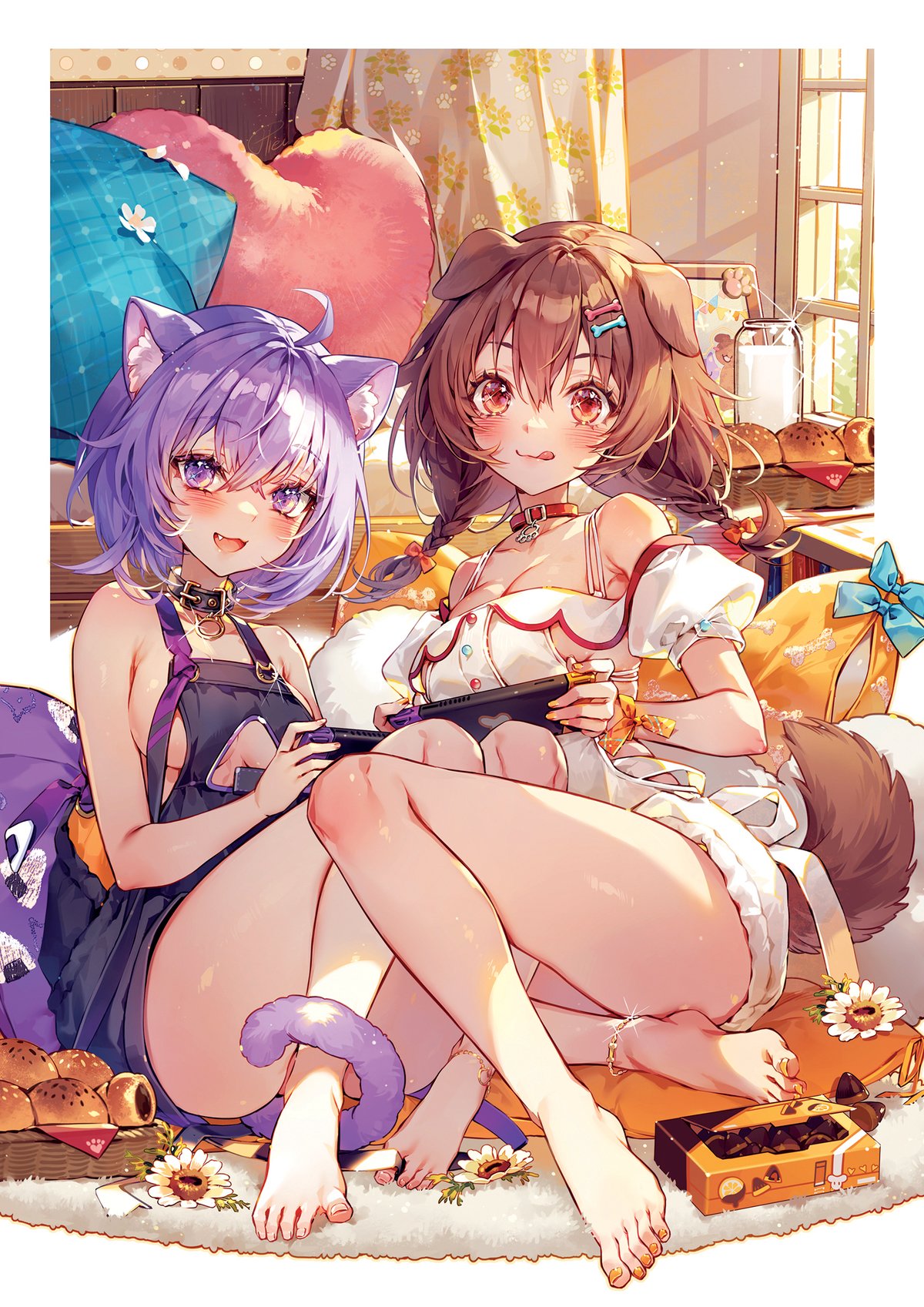 2girls :3 ahoge animal_collar animal_ear_fluff animal_ears anklet armpit_crease bare_legs bare_shoulders basket blush bone_hair_ornament bottle braid breasts brown_eyes brown_hair brown_tail cat_ears clothing_cutout collar collarbone commentary crossed_bangs dog_ears dog_tail dress english_commentary eyelashes fang food full_body hair_between_eyes hair_ornament handheld_game_console hieihirai highres holding hololive indoors inugami_korone jewelry knees_together_feet_apart knees_up large_breasts legs long_hair looking_at_viewer medium_hair milk_bottle multiple_girls nail_polish nekomata_okayu nintendo_switch no_bra off-shoulder_dress off_shoulder on_ground orange_nails pastry pillow pink_nails purple_dress purple_eyes purple_hair purple_tail short_dress sideboob sidelocks sitting smile sparkle tail thighs toenail_polish toenails tongue tongue_out twin_braids virtual_youtuber white_dress window