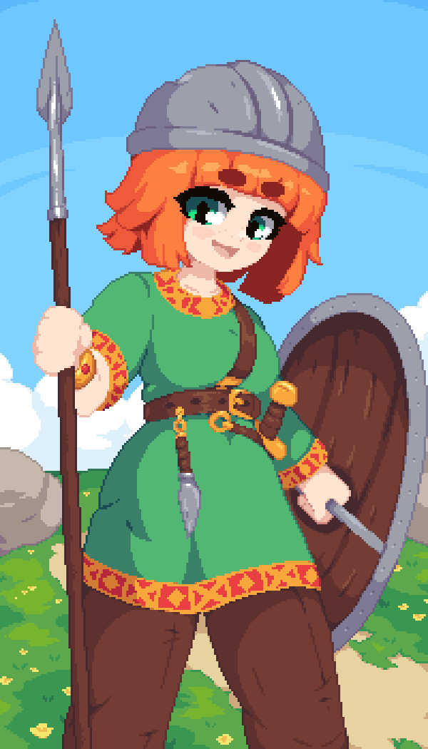 1girl belt blush bracelet breasts brown_pants buckle collarbone dagger green_eyes green_robe helmet holding holding_polearm holding_weapon jewelry knife looking_at_viewer minimilieu open_mouth orange_hair original outdoors pants pixel_art polearm robe shield smile solo spear sword thick_eyebrows viking weapon