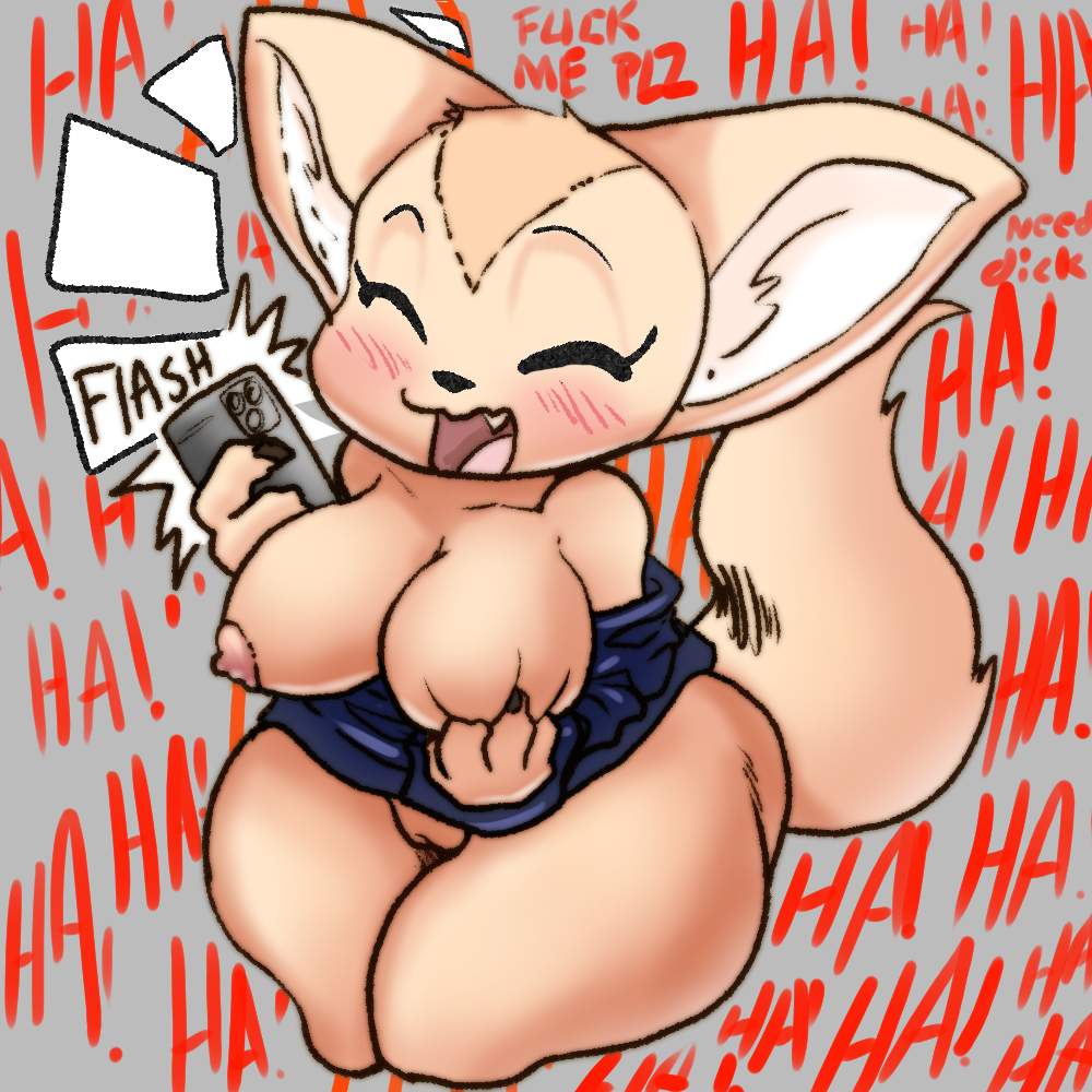 aggretsuko apsel_bluestar big_breasts breasts cables canid canine clothed clothing female fennec fenneko fox jacket laugh mammal no_underwear sanrio short_stack simple_background solo solo_focus tail thick_thighs topwear wide_hips