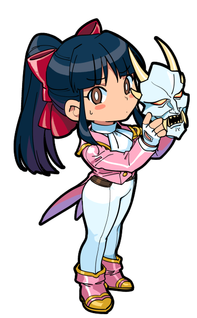 1girl black_hair blush_stickers bow brown_eyes fingerless_gloves gloves hair_bow holding holding_mask jacket mask nanboku oni_mask pants pink_footwear pink_jacket ponytail sakura_taisen shinguuji_sakura simple_background solo sweatdrop tailcoat white_background white_gloves white_pants