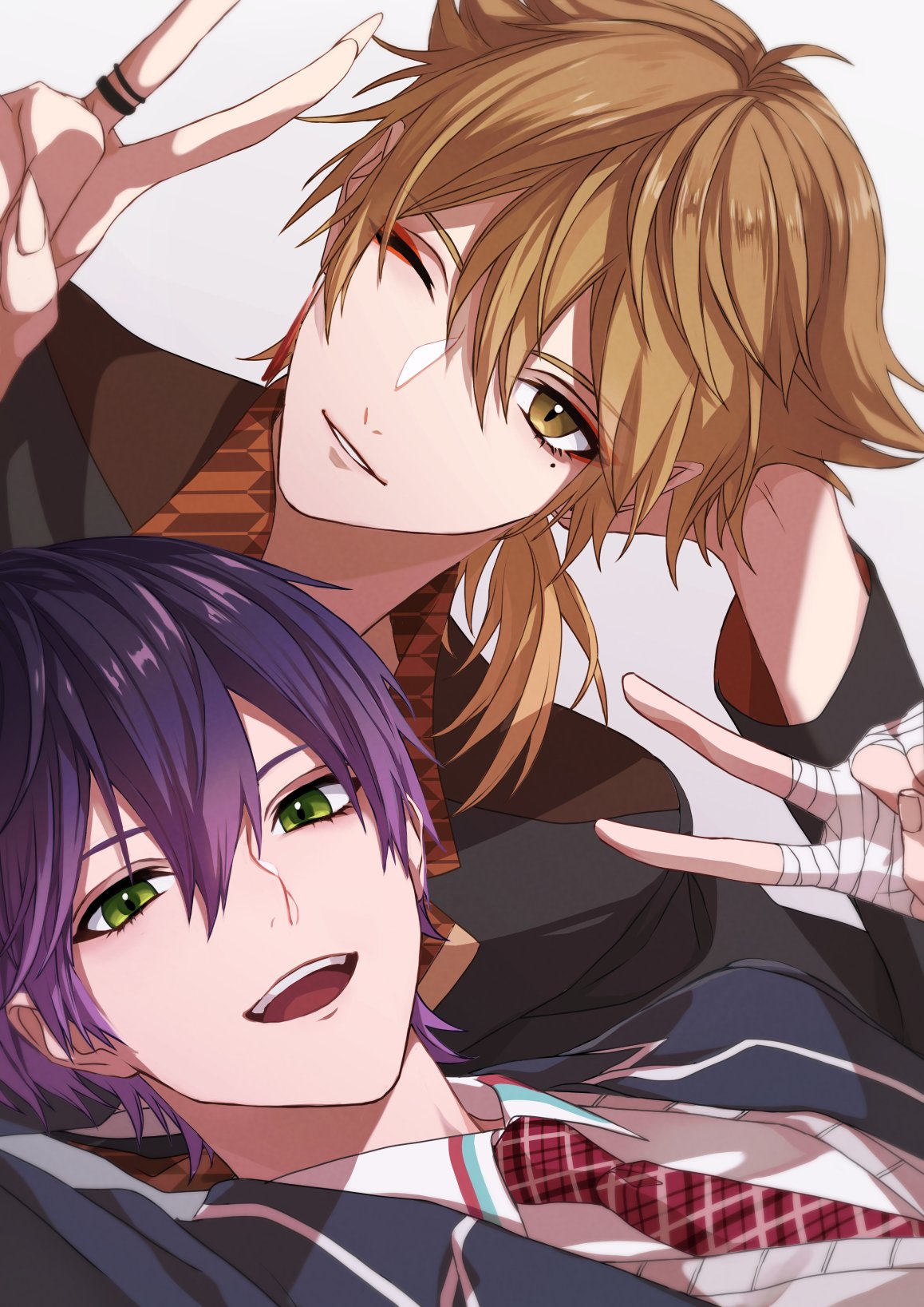 2boys :d bandaged_hand bandages black_hair black_jacket brown_eyes brown_hair collared_shirt commentary_request eyeshadow fingernails fushimi_gaku gradient_hair green_eyes hair_between_eyes hand_up hands_up head_rest highres jacket jewelry kenmochi_touya long_fingernails long_hair long_sleeves looking_at_viewer makeup male_focus mole mole_under_eye multicolored_hair multiple_boys necktie nijisanji one_eye_closed open_clothes open_jacket open_mouth parted_lips plaid plaid_necktie pointy_ears purple_hair red_eyeshadow red_necktie ring school_uniform sharp_fingernails shirt short_hair simple_background smile soiya_(soiyaaaaaa2) teeth upper_body upper_teeth_only v virtual_youtuber white_background white_shirt wing_collar yagasuri