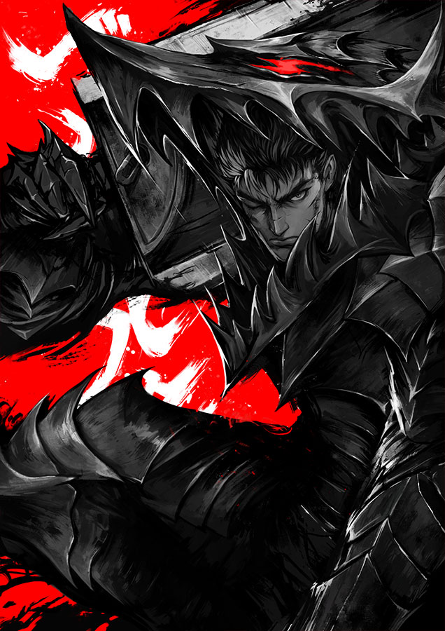 1boy armor berserk berserker_armor closed_mouth commentary dragonslayer_(sword) english_commentary full_armor guts_(berserk) holding holding_sword holding_weapon looking_at_viewer male_focus muju multicolored_hair one_eye_closed partially_colored red_background short_hair shoulder_armor solo spiked_hair streaked_hair sword weapon
