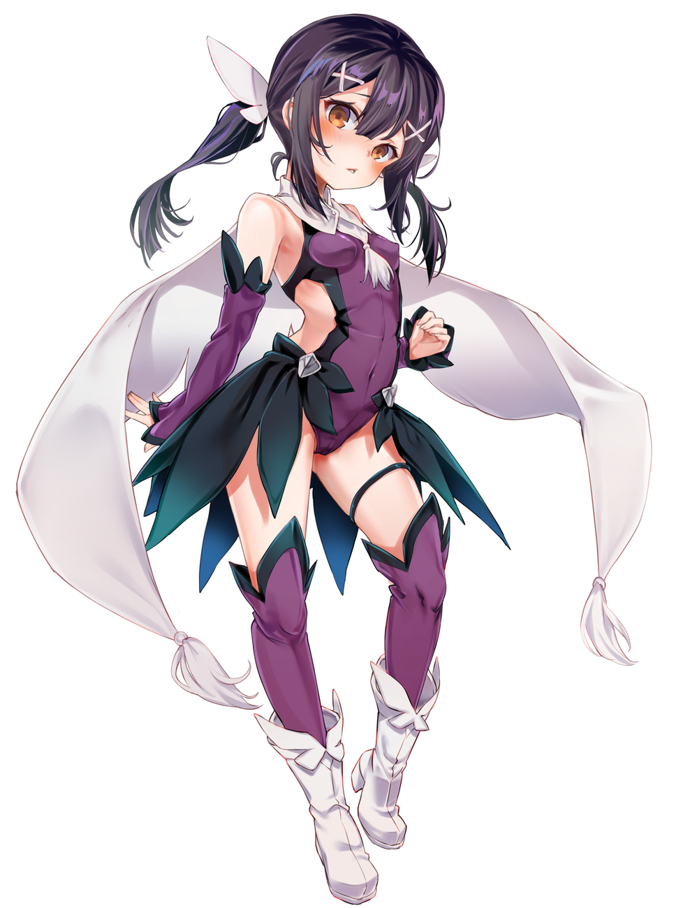 1girl bare_shoulders black_hair blush boots boshi_(a-ieba) breasts brown_eyes cape detached_sleeves fate/kaleid_liner_prisma_illya fate_(series) feather_hair_ornament feathers full_body hair_ornament hairclip highres leotard long_hair looking_at_viewer miyu_edelfelt parted_lips purple_leotard purple_sleeves purple_thighhighs sidelocks small_breasts solo thighhighs thighhighs_under_boots twintails white_background white_cape white_footwear